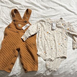 Carhartt Brown Quilted Overalls and Patterned Onesie Set